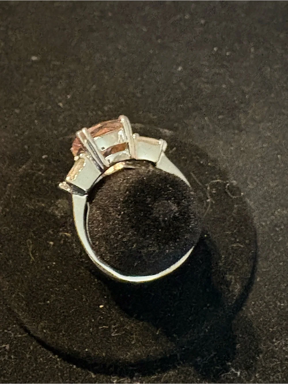 Classic Pink Cushion-Cut Ring with Clear Side Stones Sz. 7 1/4